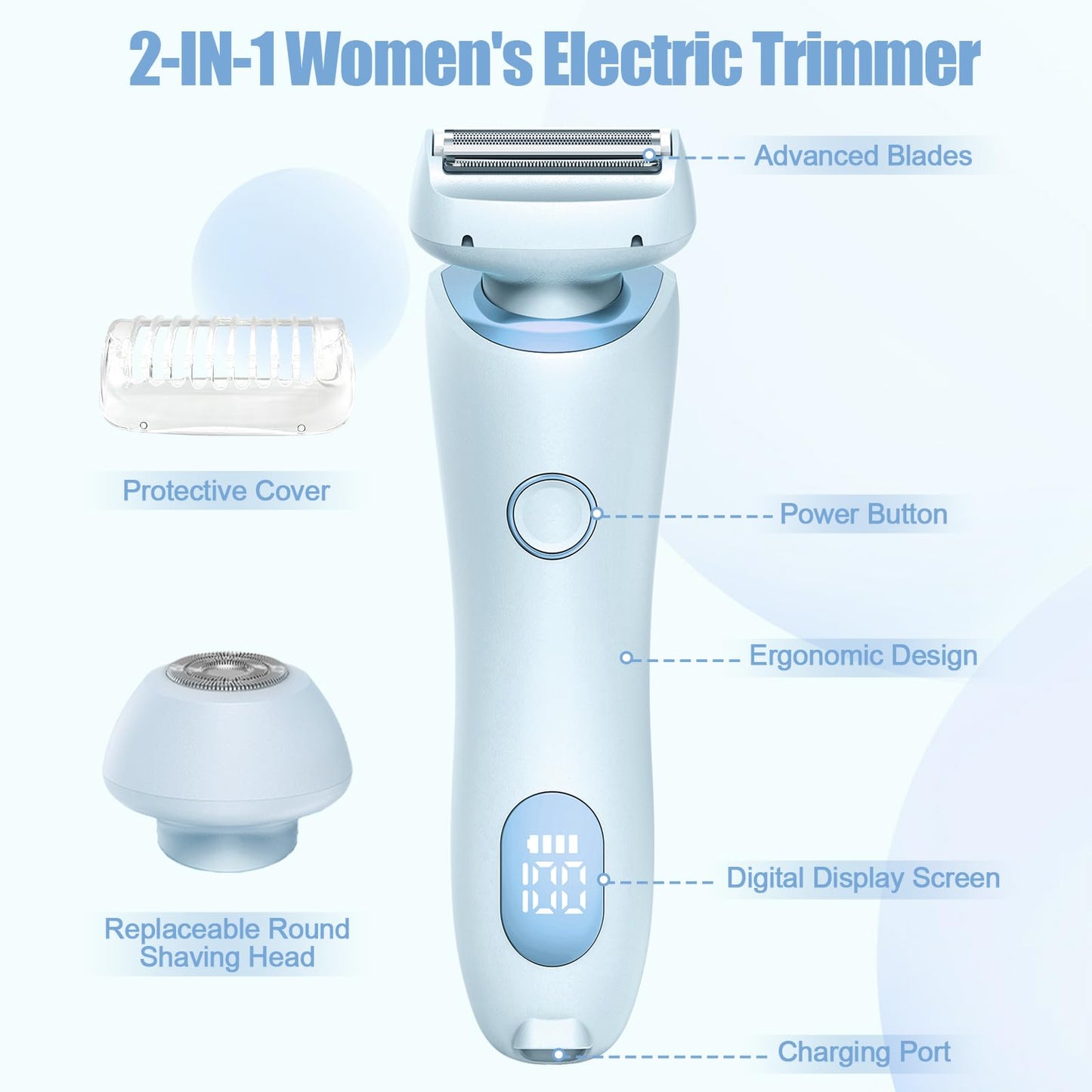 Electric Shaver for Women, SilkGlide Cordless Razor with 2 Removable Heads for Leg Arm Underarm Bikini Area, Painless Hypoallergenic Lady Trimmer, IPX7 Waterproof Wet Dry Use, USB Rechargeable, Blue