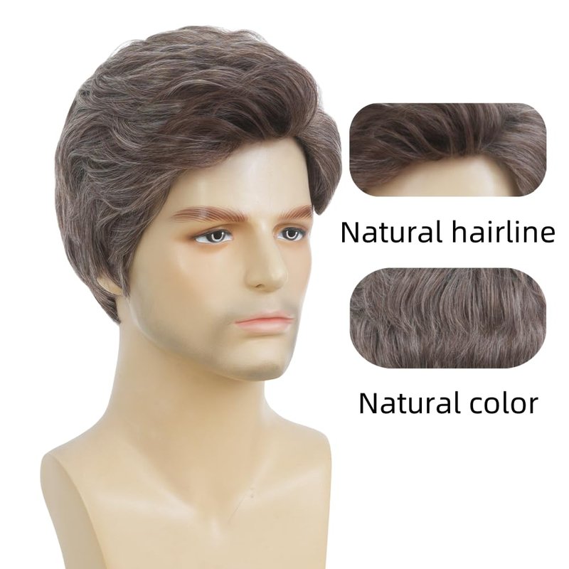 Salaibs Mens Grey Short Wig Natural Synthetic Heat Resistant Wig for Daily Party Use (Brown Mix Grey)