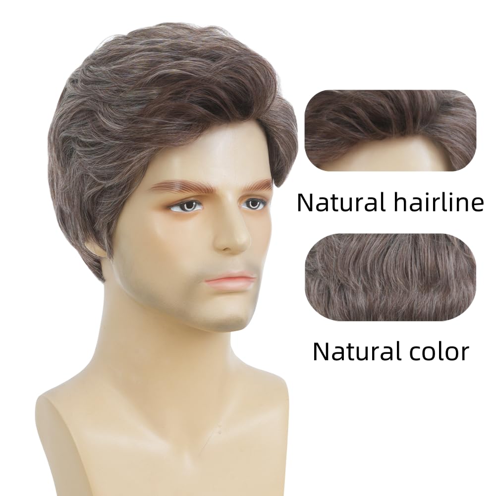 Salaibs Mens Grey Short Wig Natural Synthetic Heat Resistant Wig for Daily Party Use (Brown Mix Grey)
