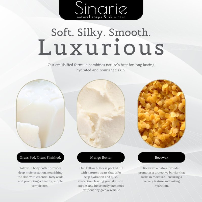 Sinarie Grass-Fed Beef Tallow Body Butter - Emulsified, Non-Greasy Moisturizer, 4 oz Soaps & Skin Care (4 oz., Unscented)