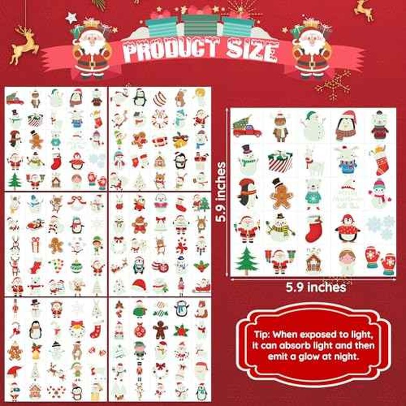 150PCS Luminous Christmas Tattoos for Kids, Christmas Accessories, 150 Kinds of Glow in the Dark Xmas Temporary Tattoos, Stocking Stuff Xmas Supplies for Kids, Xmas Goodie Bag Candy