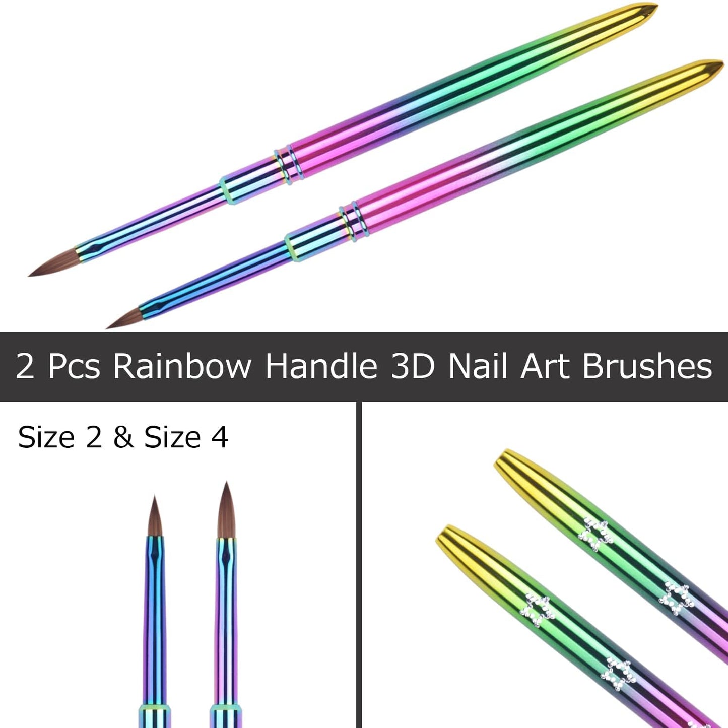 Ycyan 2Pcs Kolinsky Acrylic Nail Brush Set Rainbow Handle 3D Nail Art Brushes Size 2 & 4