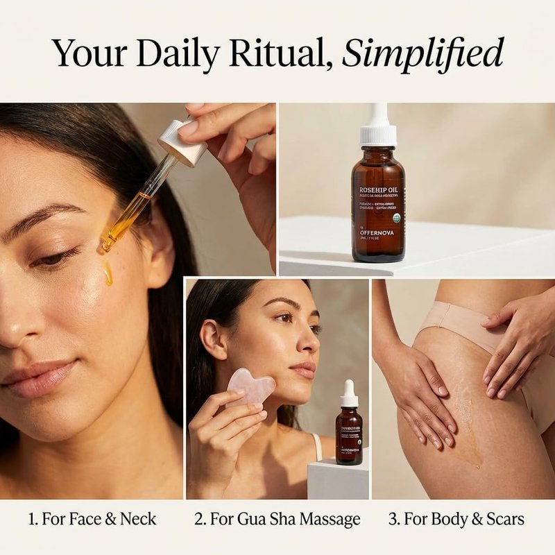 Offernova Organic Rosa de Mosqueta Oil - USDA Certified Rosehip Seed Oil Pure Cold Pressed, Repairs & Brightens Skin - Gua Sha Massage, Face, for All Skin Types - Aceite Facial 1OZ