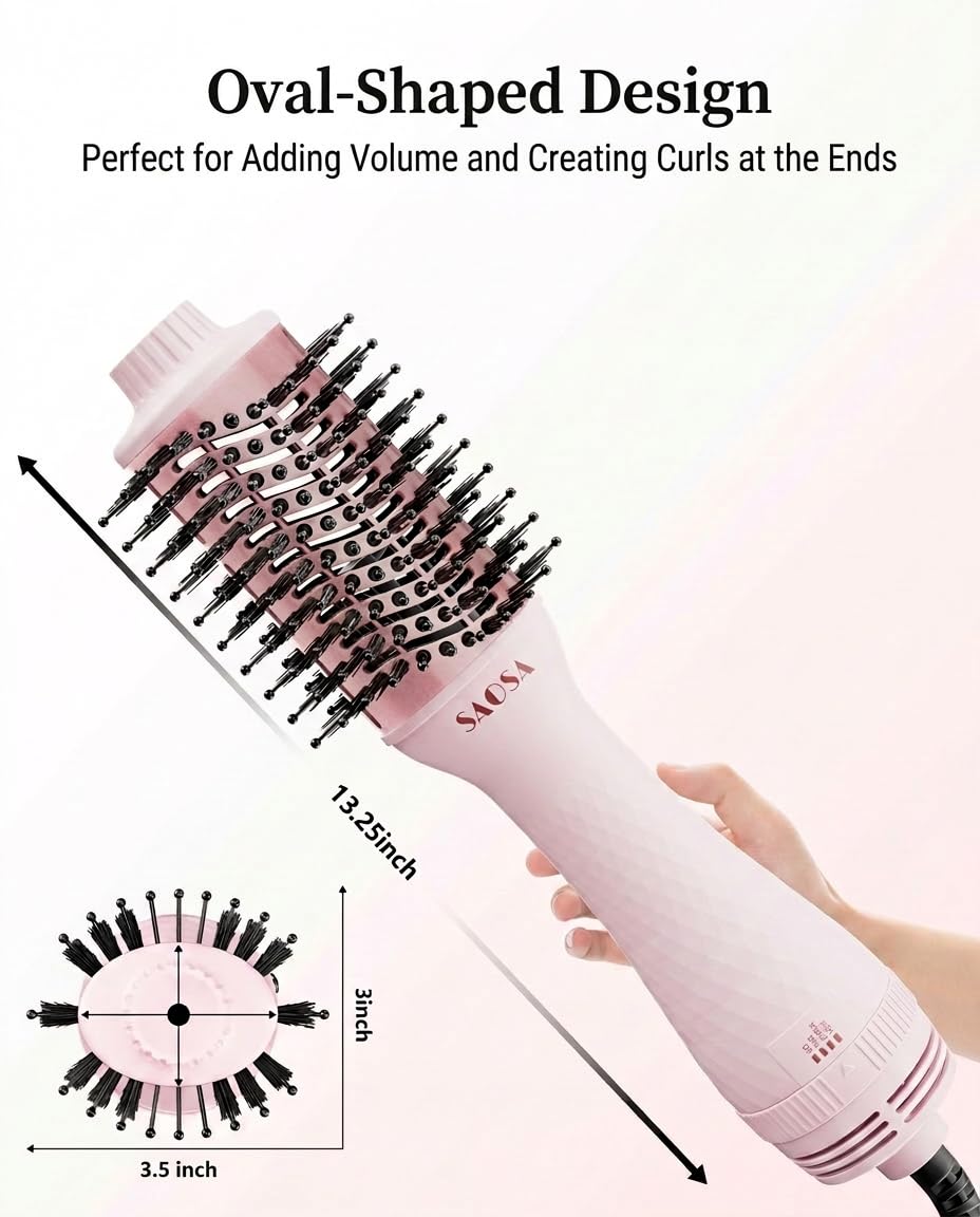 SAOSA Hair Dryer Brush Blow Dryer Brush in One, 4-in-1 Professional Titanium Ionic Hot Air Brush & Volumizer with ALCI Safety Plug for Medium to Long Hair (Pink)
