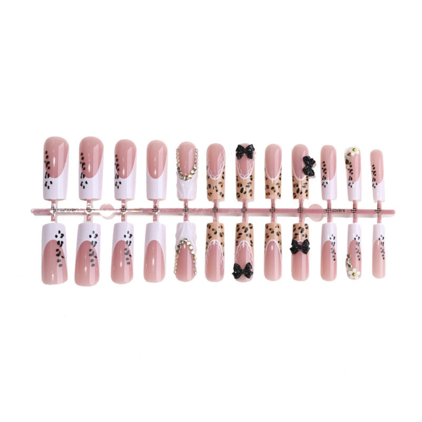 OCTOSWAVE Long Square Press on Nails - Leopard & 3D Black Bow French Tip Nude Pink Acrylic Glue on Nails, 24 Pcs Y2K Trendy Fake Nails for Women