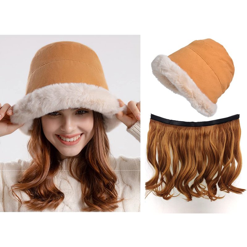 NOOFNO Winter Plush Warm Hat With Detachable Hair Extensions for Women (Hair: Honey Blonde/Hat: Black)