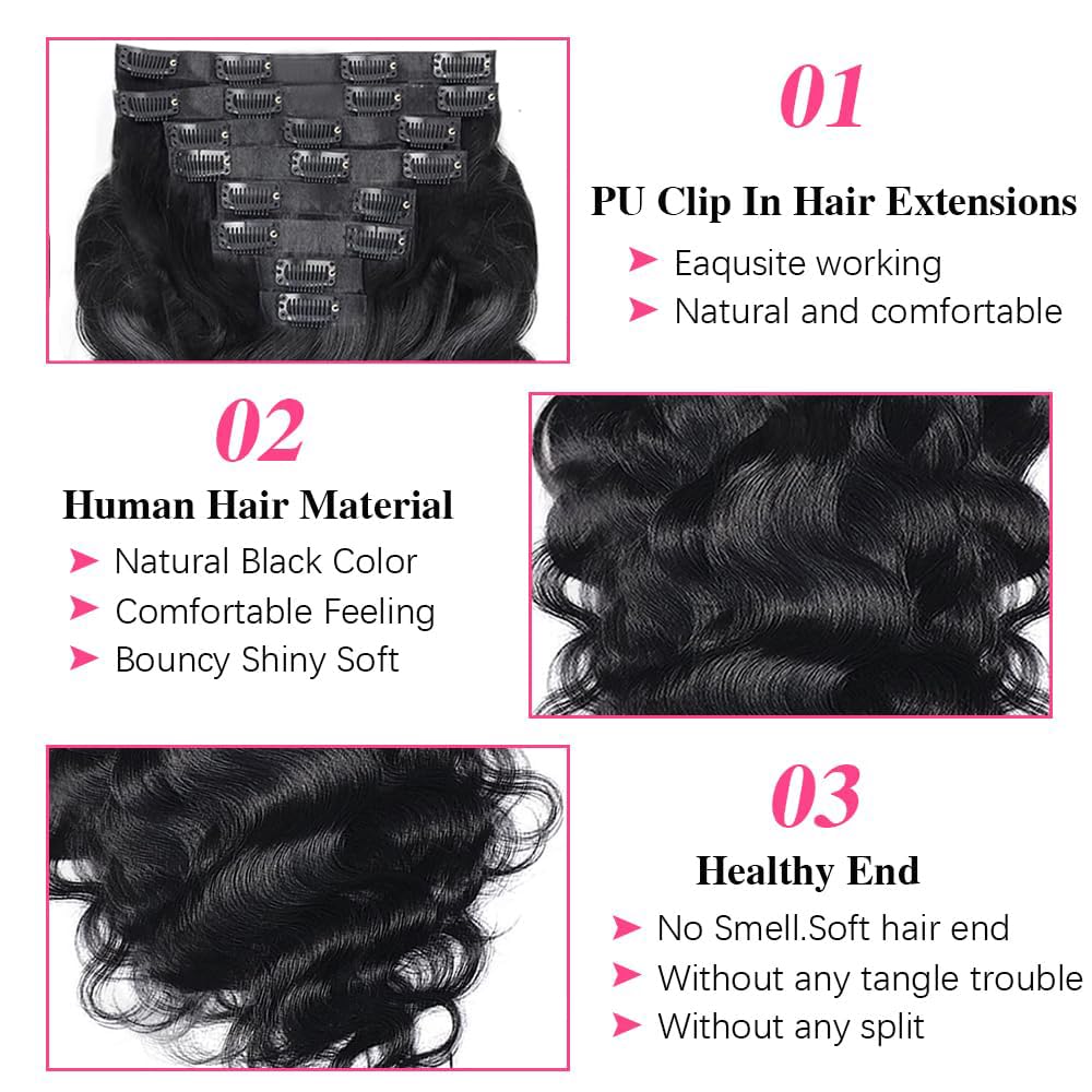 MYouan Seamless Body Wave Clip Ins PU Weft Clip In Hair Extensions Real Human Hair Clip Ins 16Inch 100% Unprocessed Human Hair Extensions 8pcs/set (20Clips120g)