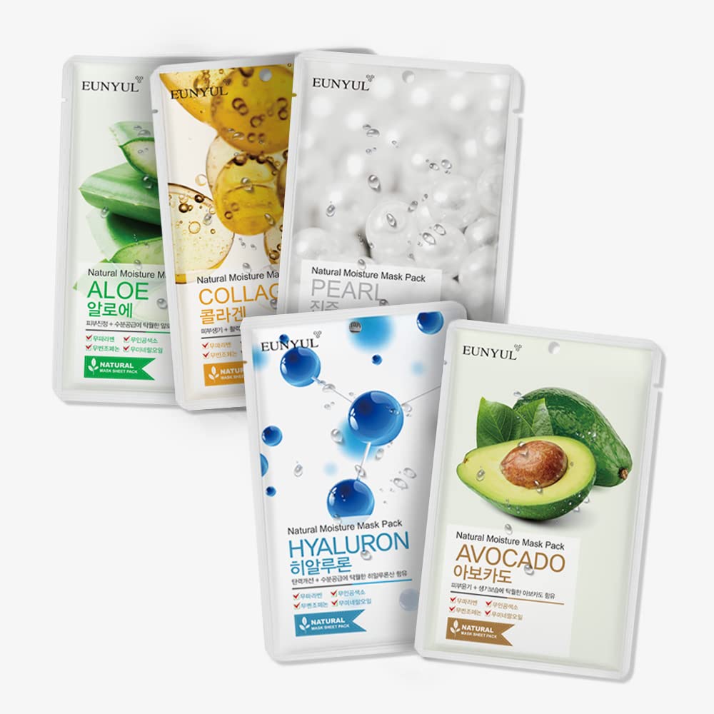 Natural Face Mask Sheet Set - 50 Pack of Korean Skincare Masks | Aloe, Collagen, Pearl, Hyaluron, Avocado