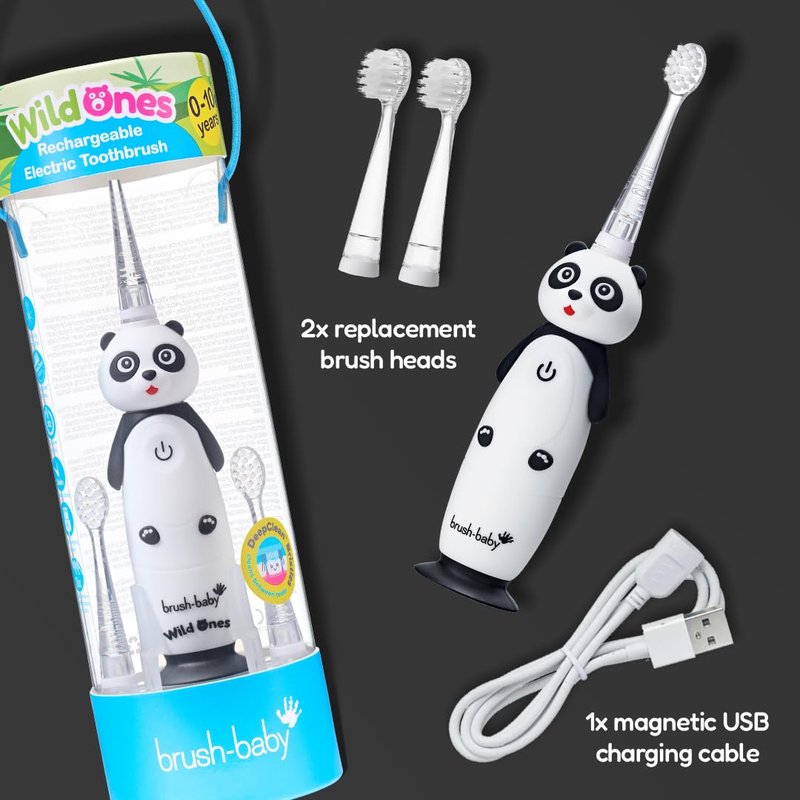 BrushBaby - WildOnes - Kids Rechargeable Electric Toothbrush, Ages 0-10 - Panda Design with Flashing Lights - DeepClean Bristles for Superior Cleaning - 2 Replacement Brush Heads, 1 USB Cable