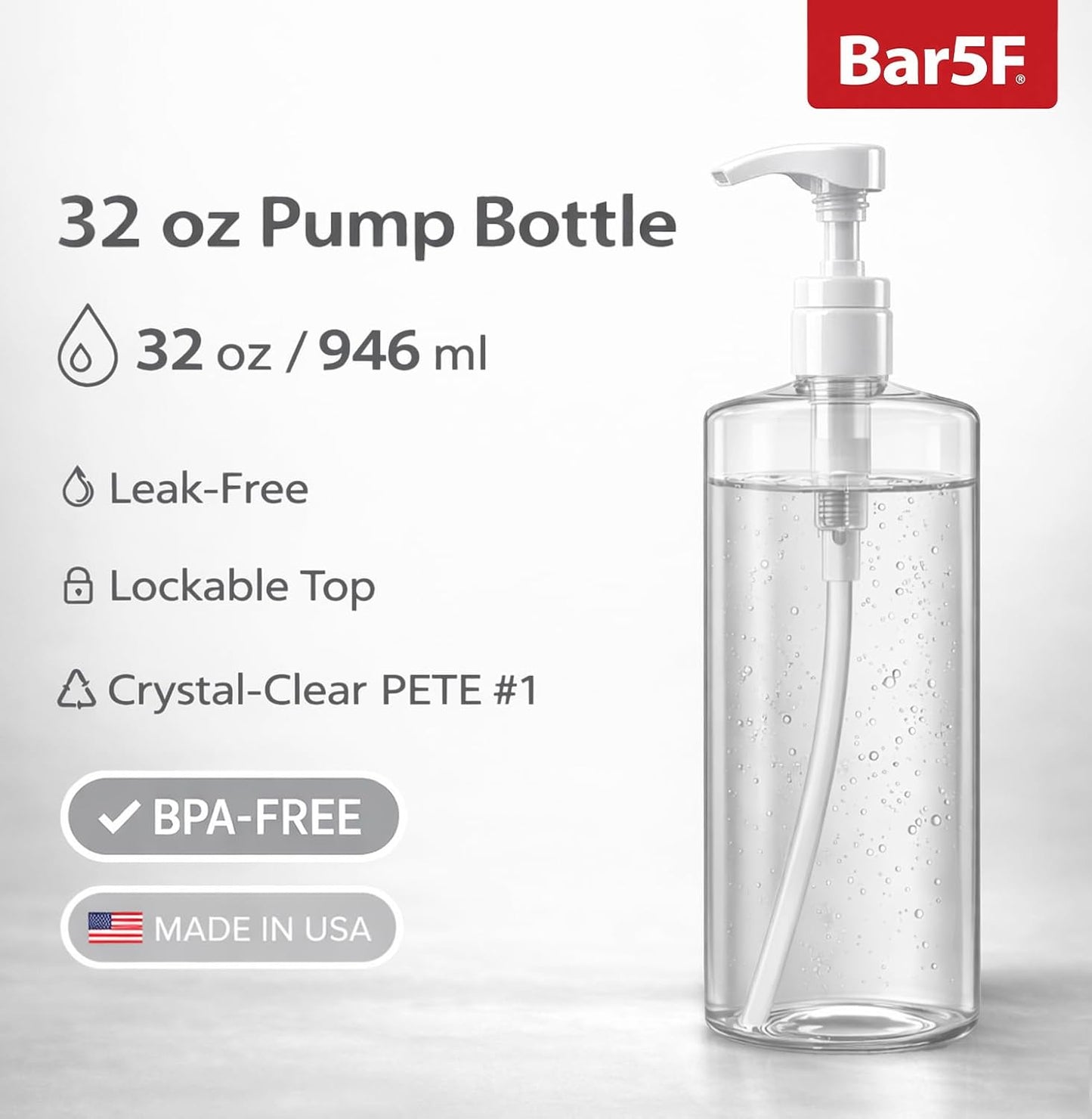 Bar5F Pump Bottle - 32-Ounce BPA-Free Clear Containers for Shampoo, Conditioner & Lotion | 2-Pack