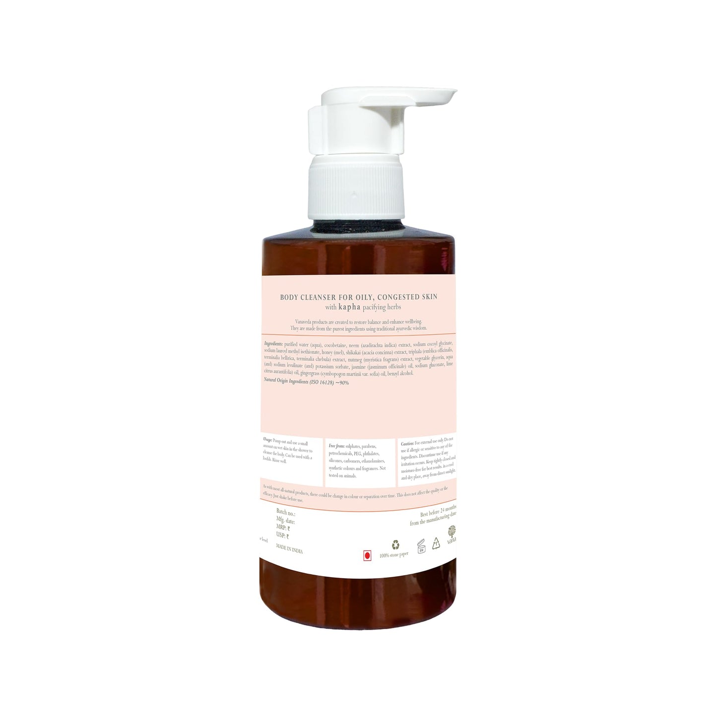 Vanaveda Body Cleanser Kapha | Purifying Ayurvedic Body Wash with Neem, Honey & Triphala for Oily, Congested Skin | Balancing Cleanser for Kapha Prone Skin | Sulfate-Free | 300ml
