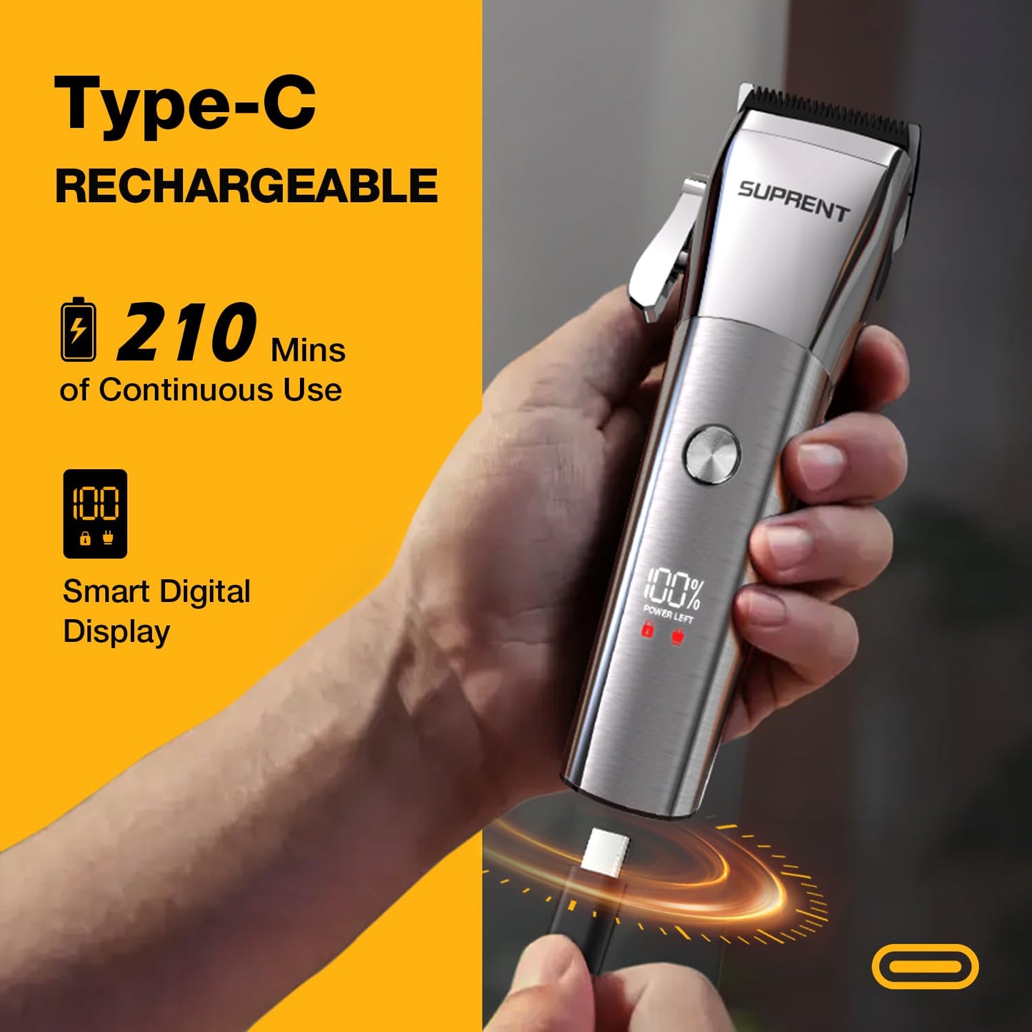 SUPRENT Low Noise Hair Clippers for Men Easy-Clean Waterproof Clippers, Cordless Clippers & Trimmers Set for Family Grooming