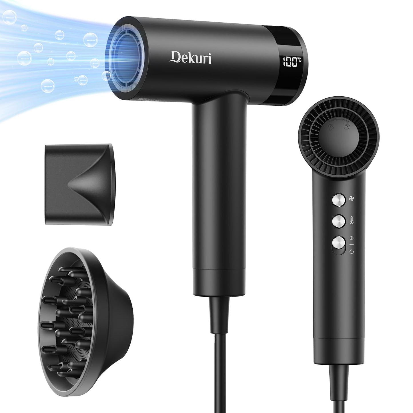 Dekuri Hair Dryer, 110,000 RPM High-Speed Fast Drying Blow Dryer, 200 Million Ionic Lightweight Hairdryer with Diffuser, Magnetic Nozzle, 4 Temps & 2 Speeds, Low Noise for Women & Men, Black