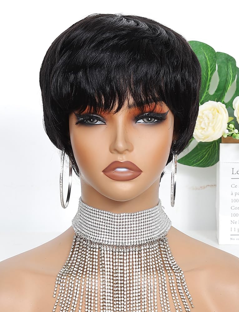 beauty proya Pixie Cut Human Hair Wigs for Black Women Short Layered Pixie Wigs with Bangs Natural Black 4" Brazilian Virgin Straight 100% Human Hair Wear and Go