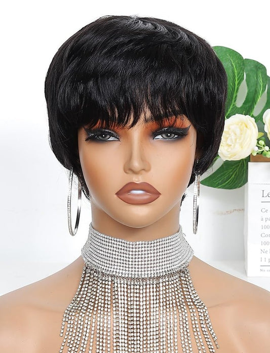 beauty proya Pixie Cut Human Hair Wigs for Black Women Short Layered Pixie Wigs with Bangs Natural Black 4" Brazilian Virgin Straight 100% Human Hair Wear and Go