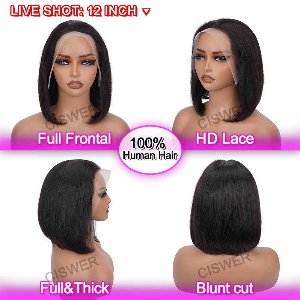 CISWER Short Bob Wig Human Hair Straight 13x4 Lace Front Wig Human Hair Bob Wigs for Black Women Glueless 180 Density Black Wig 12 Inch