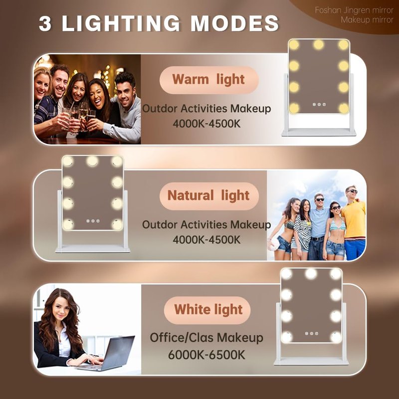 Leadzones Hollywood Vanity Mirror with Lights,Tabletop Makeup Mirror with 9 LED Lights Smart Touch Control 3 Colors Light 360°Rotation Detachable 10X Magnification