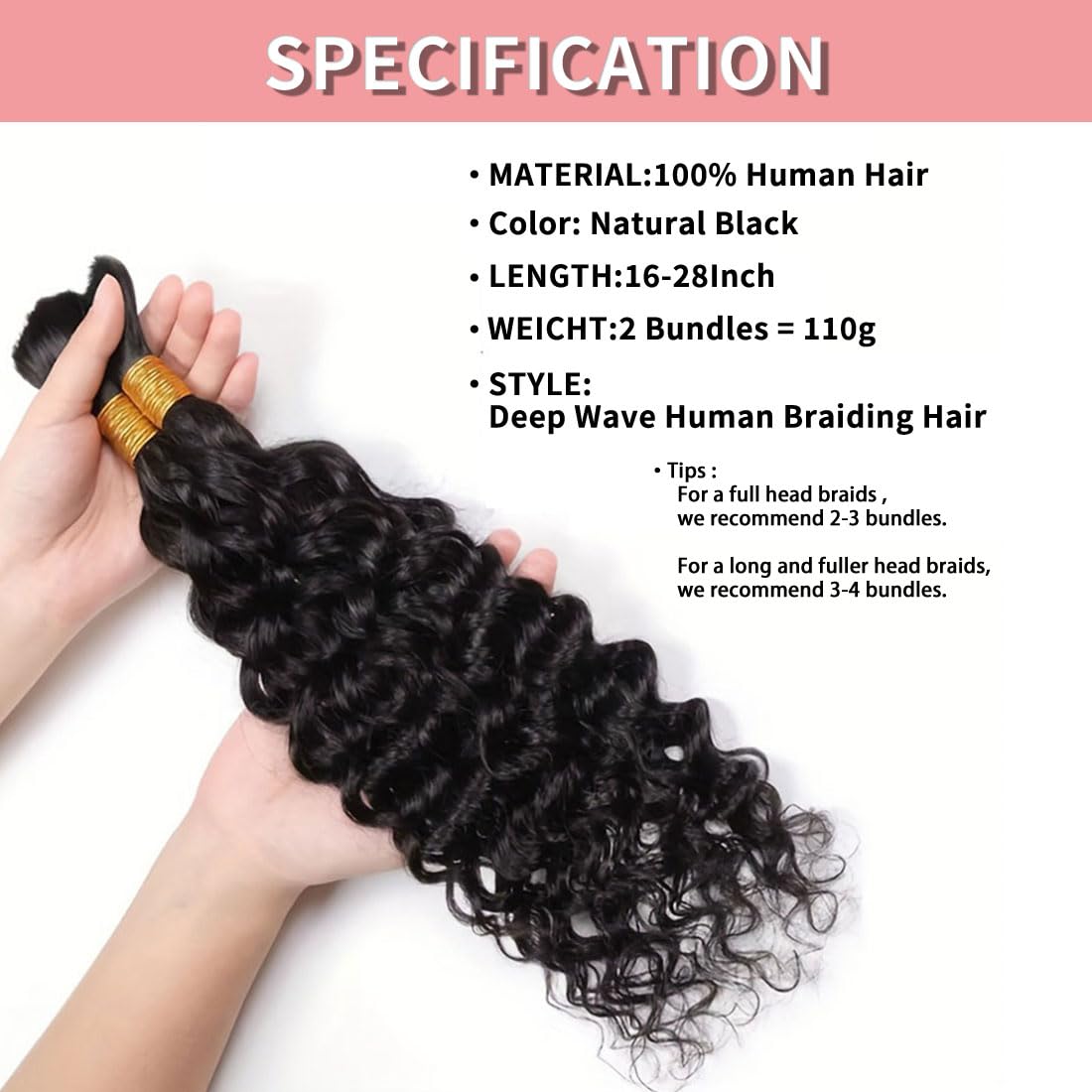Human Braiding Hair for Boho Braids 12A Deep Water Wave Bulk Human Hair for Braiding No Weft Wet and Wavy Curly Human Hair Extensions (1B-Natural Black-Deep, 110g-16 Inch)