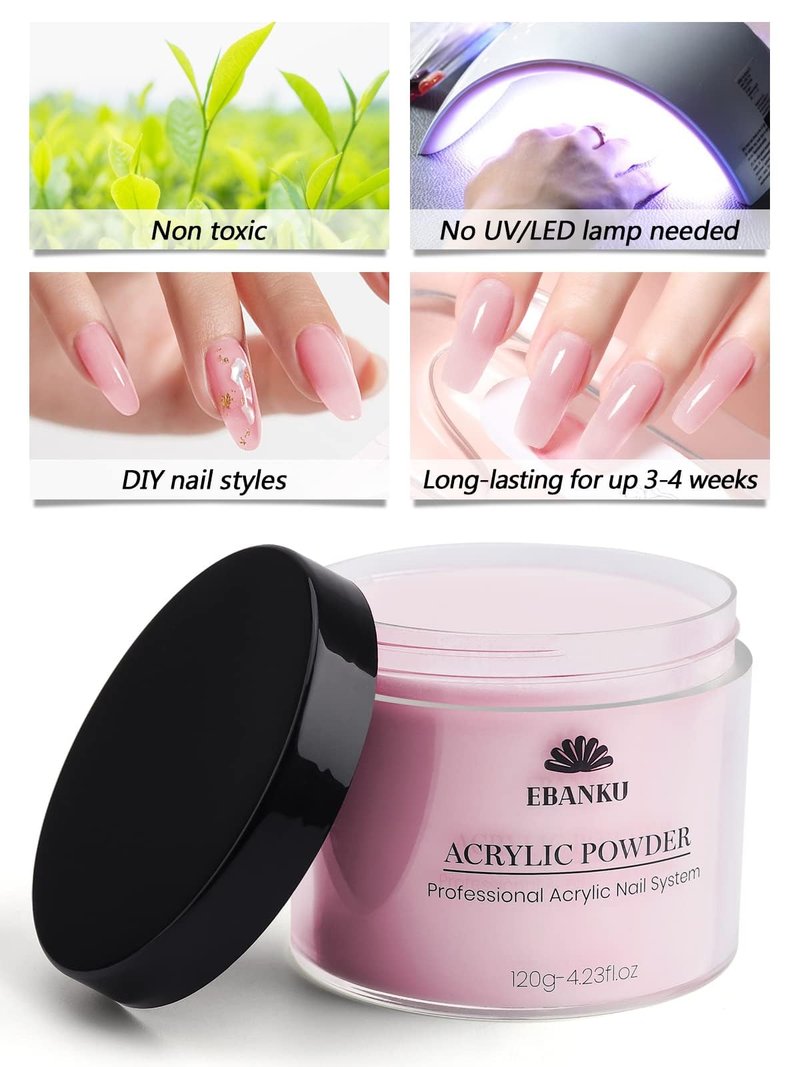 EBANKU Pink Acrylic Powder, 120g/4.23oz Acrylic Powder Large Capacity Professional Acrylic Nail Powder for Nail Acrylic Extension, Nail Carving, Long-Lasting, No Nail Lamp Needed