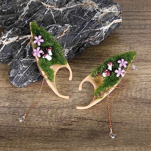 Renaissance Mushroom Elf Ears with Crown - Flower Butterfly Headpiece Soft Elven Fairy Ears and Woodland Floral Headpiece for Women Christmas Renfaire Halloween Cosplay Bridal Party Photo Shoot Props