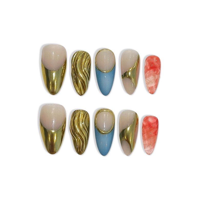 TENPAL 10Pcs Hand-Forged Press on Nails with Kit,Gothic Electroplate Almond Nails,Metallic Filigree & Rivet Designs Glue on Nails,Acrylic Glossy Punk Luxe Fake Nails Set, Chrome Stick on Nails(S)