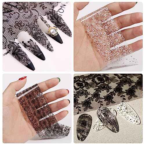 SILPECWEE 20 Rolls Lace Nail Foil White and Black Nail Transfer Foil Flower Nail Art Foils Decals Holographic Foils for Nails Manicure Stickers for DIY Acrylic Nails Decoration