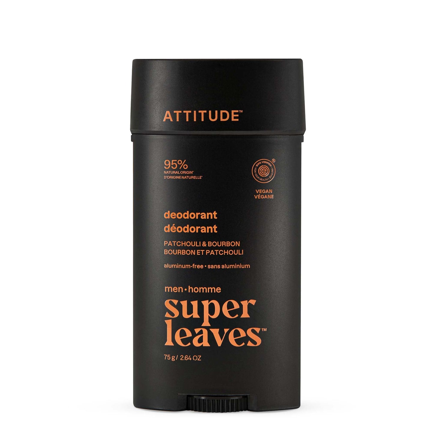 ATTITUDE Aluminum-Free Deodorant for Men, 95% Natural Origin Ingredients, EWG Verified, Plant Based Odor Control, With Baking Soda, Patchouli & Bourbon, 2.64 Oz