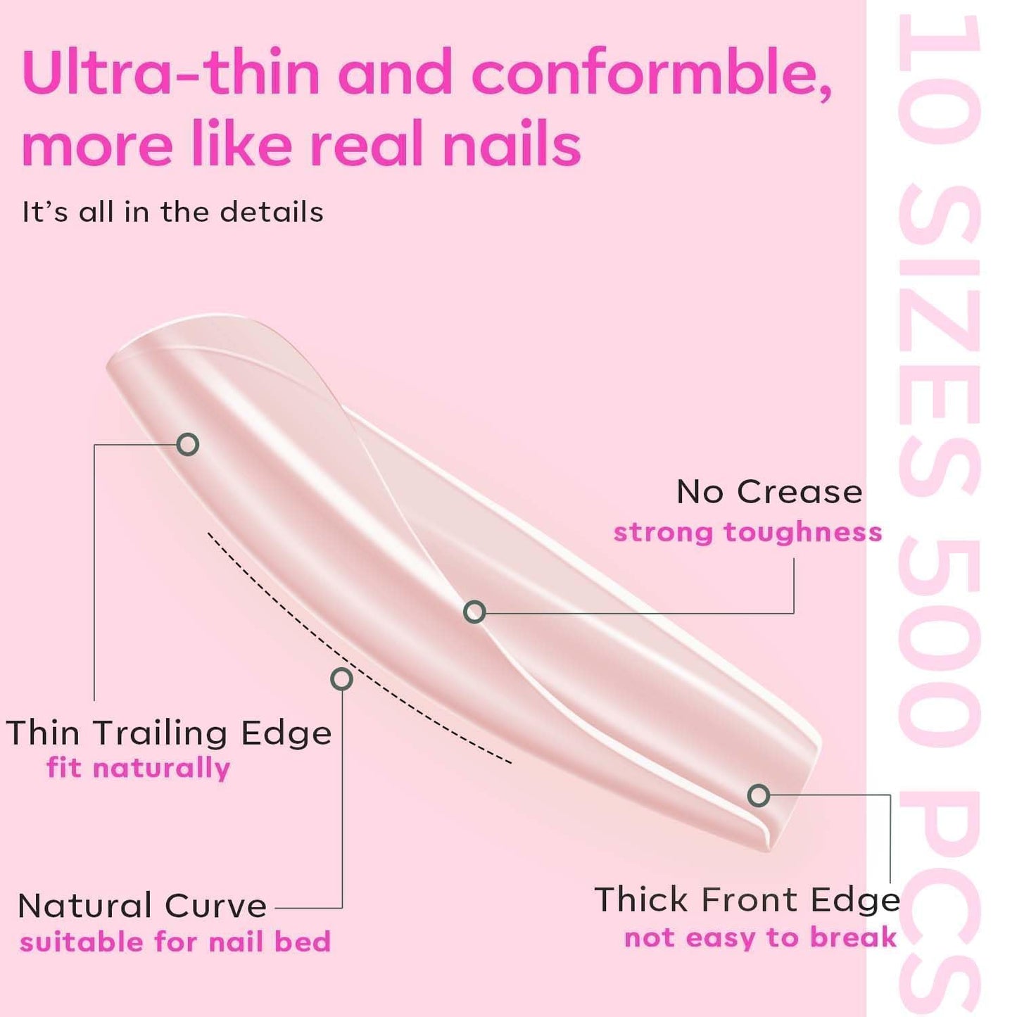 modelones500PCS 10 Sizes Long Coffin Gel Nail Tips& Gel Base and Top Coat Set, 9-in-One Glue Nail Dehydrator & Mini U V Light Clipper