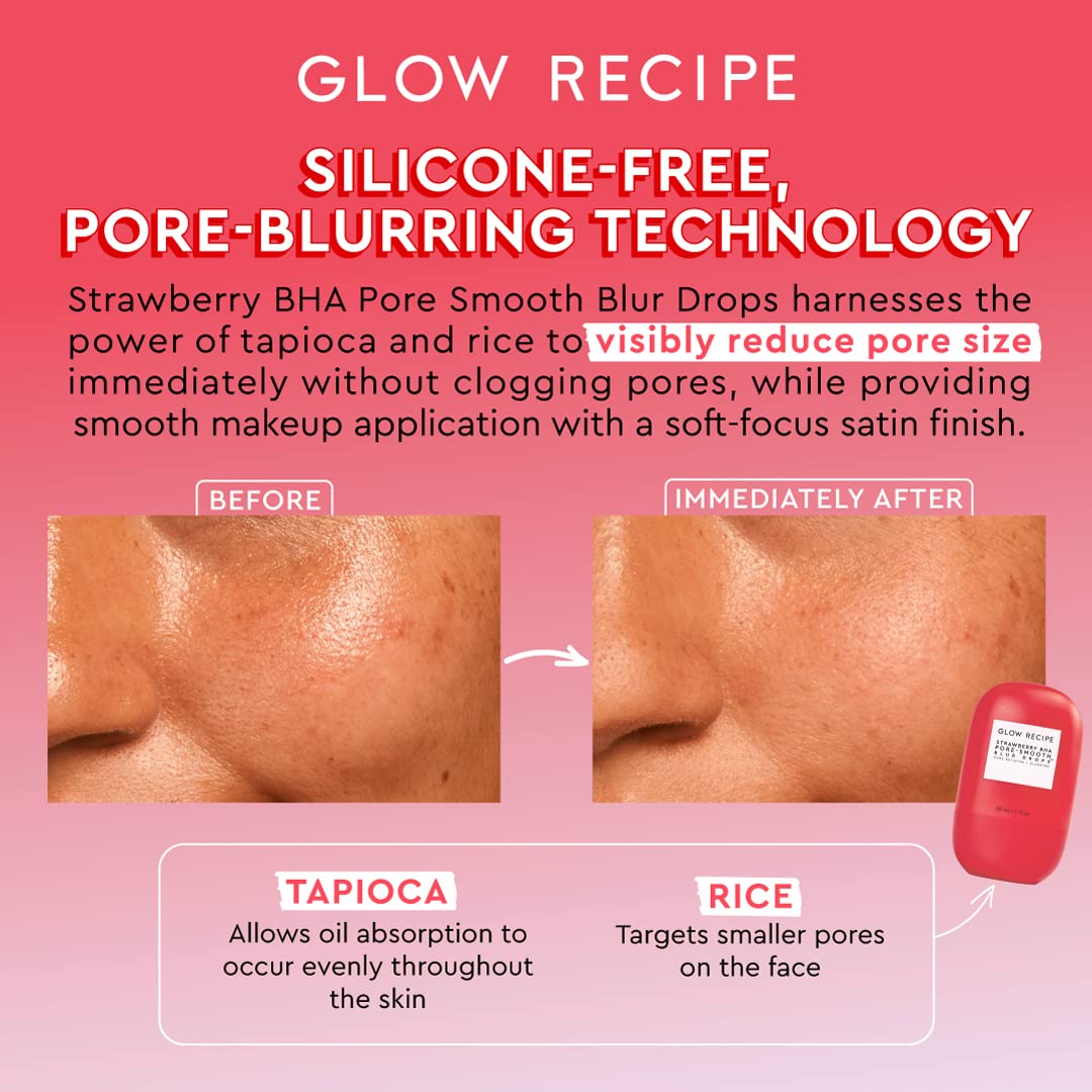 Glow Recipe Strawberry BHA Serum Primer, Silicone-Free Blurring Matte Primer, Pore Minimizing Face Primer + Salicylic Acid Serum, Oil Control, Smooth Texture, Korean Primer Serum (30ml)