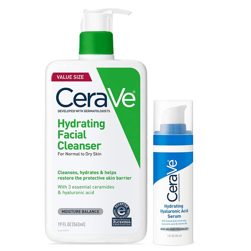 CeraVe Hydrating Face Wash & Hyaluronic Acid Serum Set - 19oz Wash + 1oz Serum | Fragrance-Free, Ideal for Dry Skin