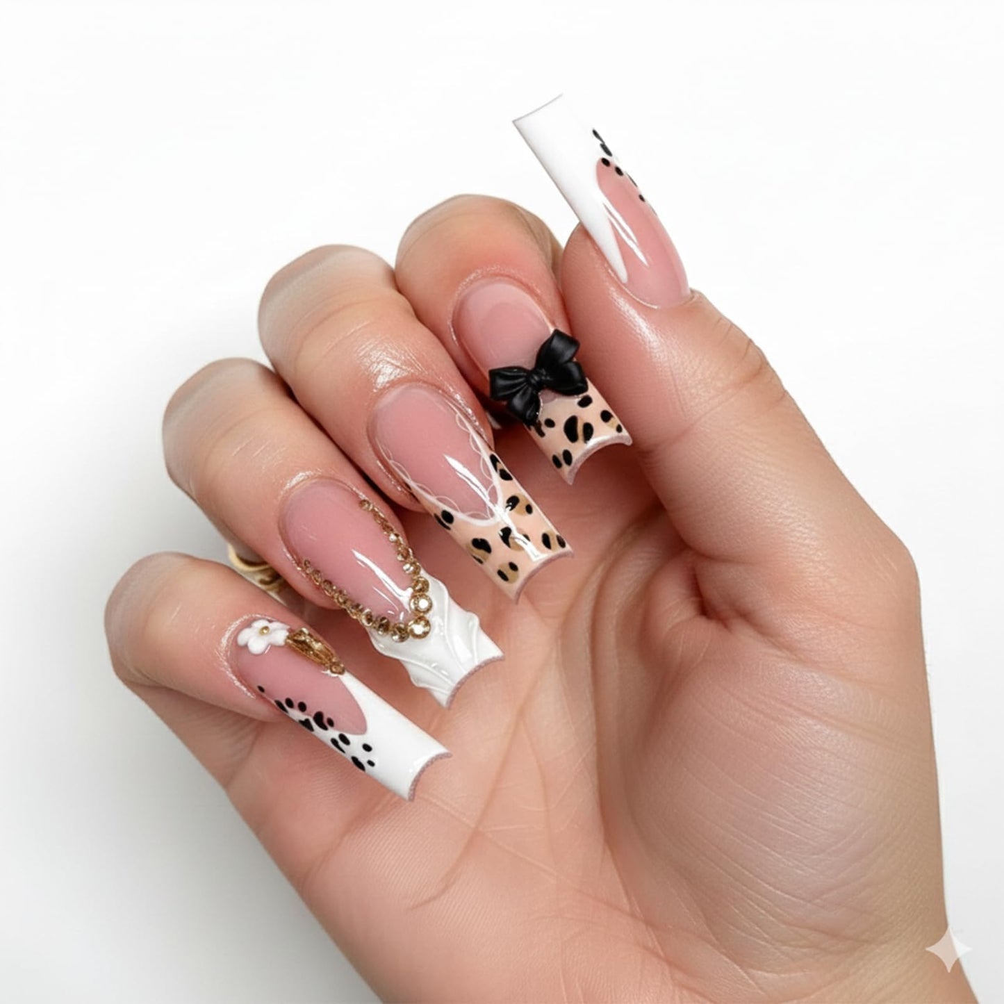 OCTOSWAVE Long Square Press on Nails - Leopard & 3D Black Bow French Tip Nude Pink Acrylic Glue on Nails, 24 Pcs Y2K Trendy Fake Nails for Women