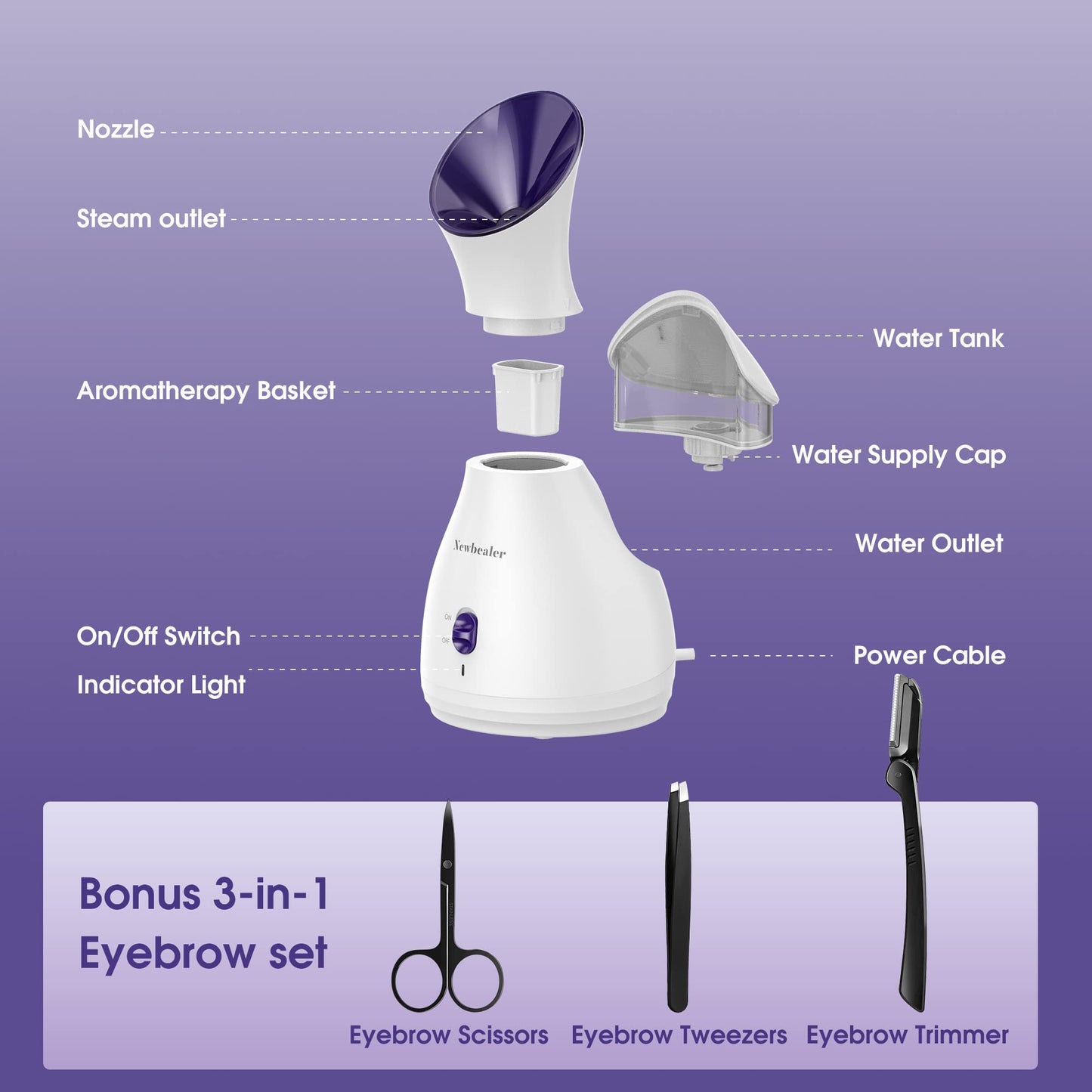 Newbealer 2in1 Facial Steamer, Hot Mist Facial Aromatherapy Humidifier Atomizer, Large Face Steamer Unclogs Pores Sinuses Moisturizing, Home Sauna Spa with Eyebrow Set (Purple, 170ml)