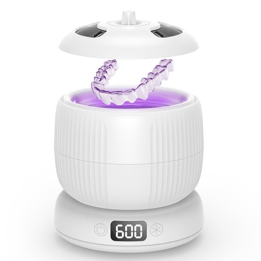 2025 Upgraded Ultrasonic Retainer Cleaner Machine,Separate Retainer Cleaner for Night Guards, Braces, Aligner, Toothbrush, Jewelry, 4 Modes Denture Cleaner & Removable Base and Top Cover(White)