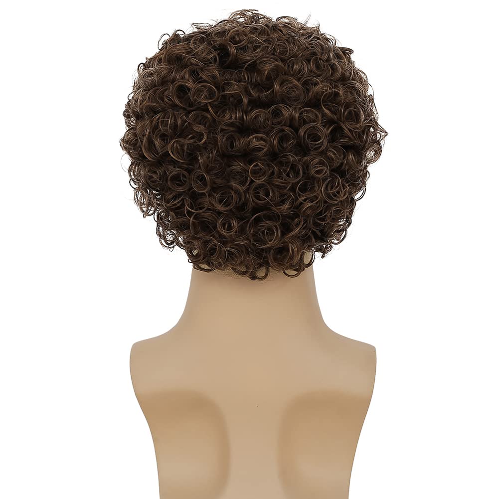 Tseses Mens Brown Curly Wigs Short Afro Rocker Wig Synthetic Daily Cosplay Party Costume Hair Wigs for Male Guys