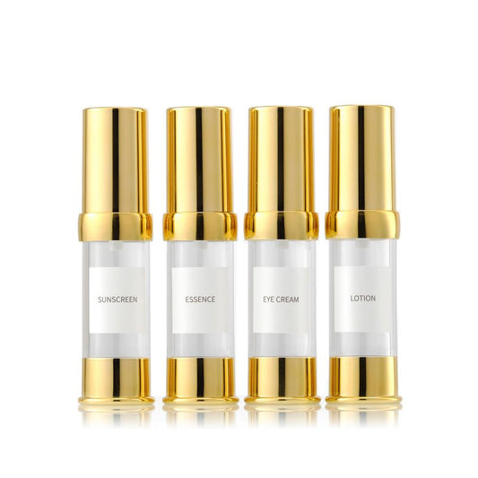 XQNCBY Gold 15ML 0.5 oz Airless pump bottle Toiletries Travel Size containers airport essentials Dispenser with Box Reusable mini lotion plastic travel bottles 4 Packs
