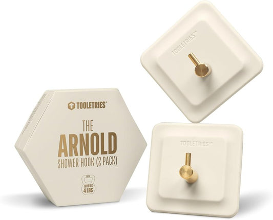 Arnold Silicone Shower Hooks - Waterproof Adhesive Bathroom Organizer for Razors & Loofahs | 2 Pack - Sand