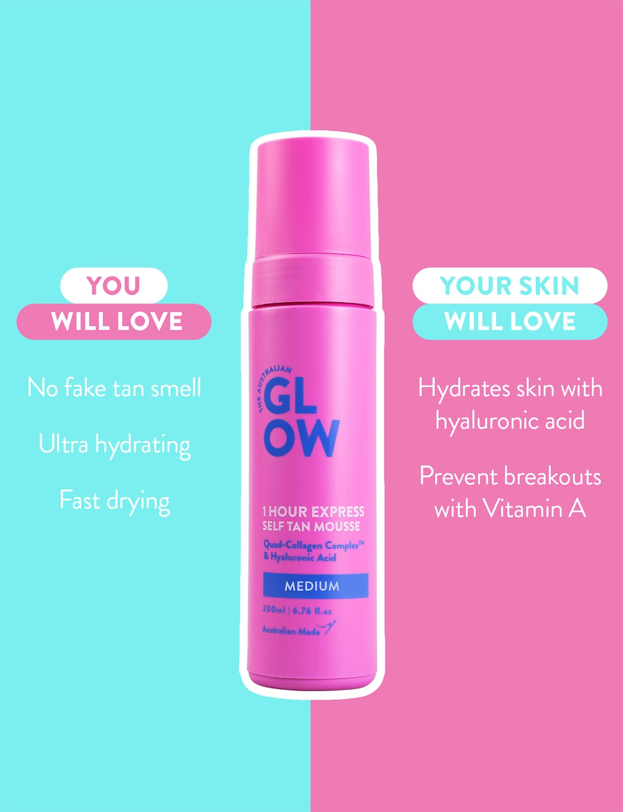 Australian Glow 1 Hour Express Self Tanning Mousse w/Quad-Collagen Complex & Hyaluronic Acid, DARK - 6.76 fl. oz / 200ml