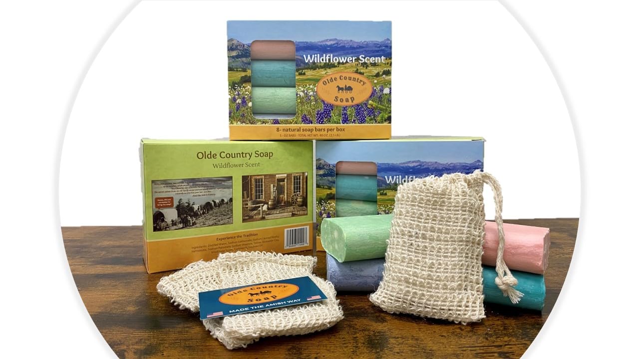 Olde Country Soap - The Original 8-Bar Box - (8) Natural Soap Bars (5oz. each) + (1 pc.) Complimentary Sisal Fiber Soap Bag