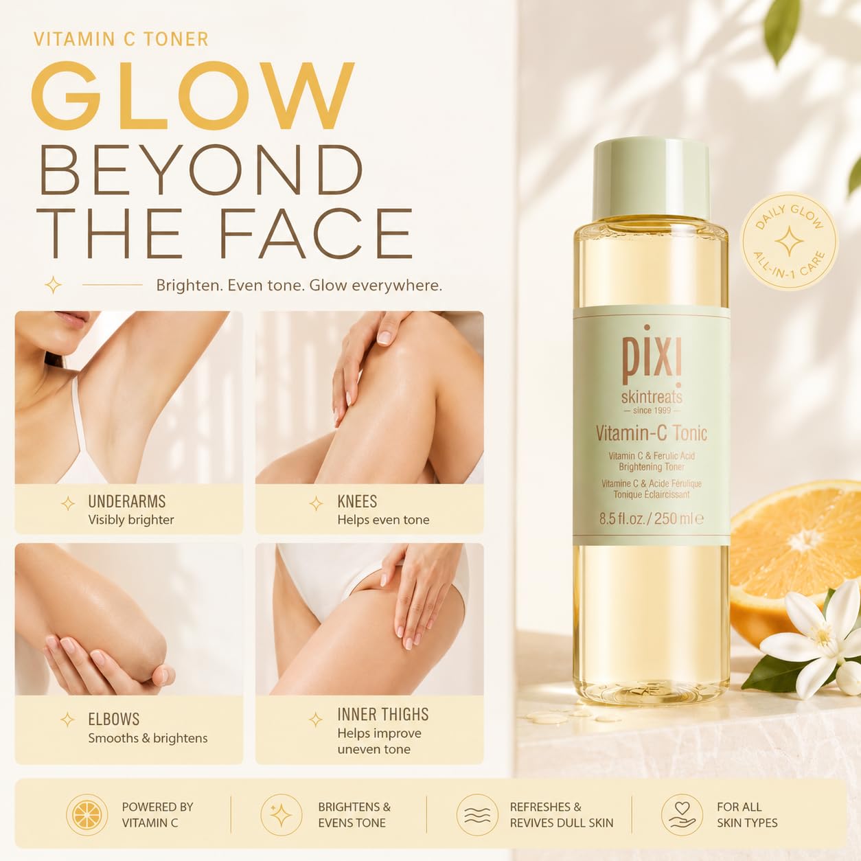 Pixi Vitamin-C Toner Tonic | Fade Dark Spots & Brighten Skin | Vitamin C & Ferulic Acid, with Probiotics | Boost Skin Luminosity, Brighten Dull Skin, Alcohol Free Daily Toner (250ml / 8,5 fl oz)