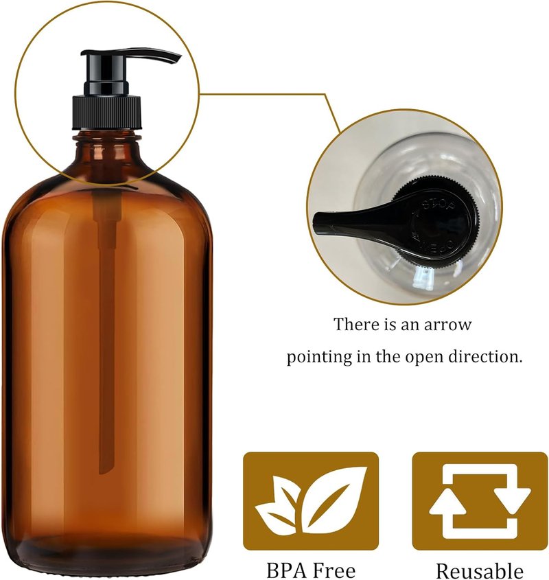 Amber Glass Pump Bottles - 32 oz Dispenser for Shampoo, Lotion & Oils | 4 Pack