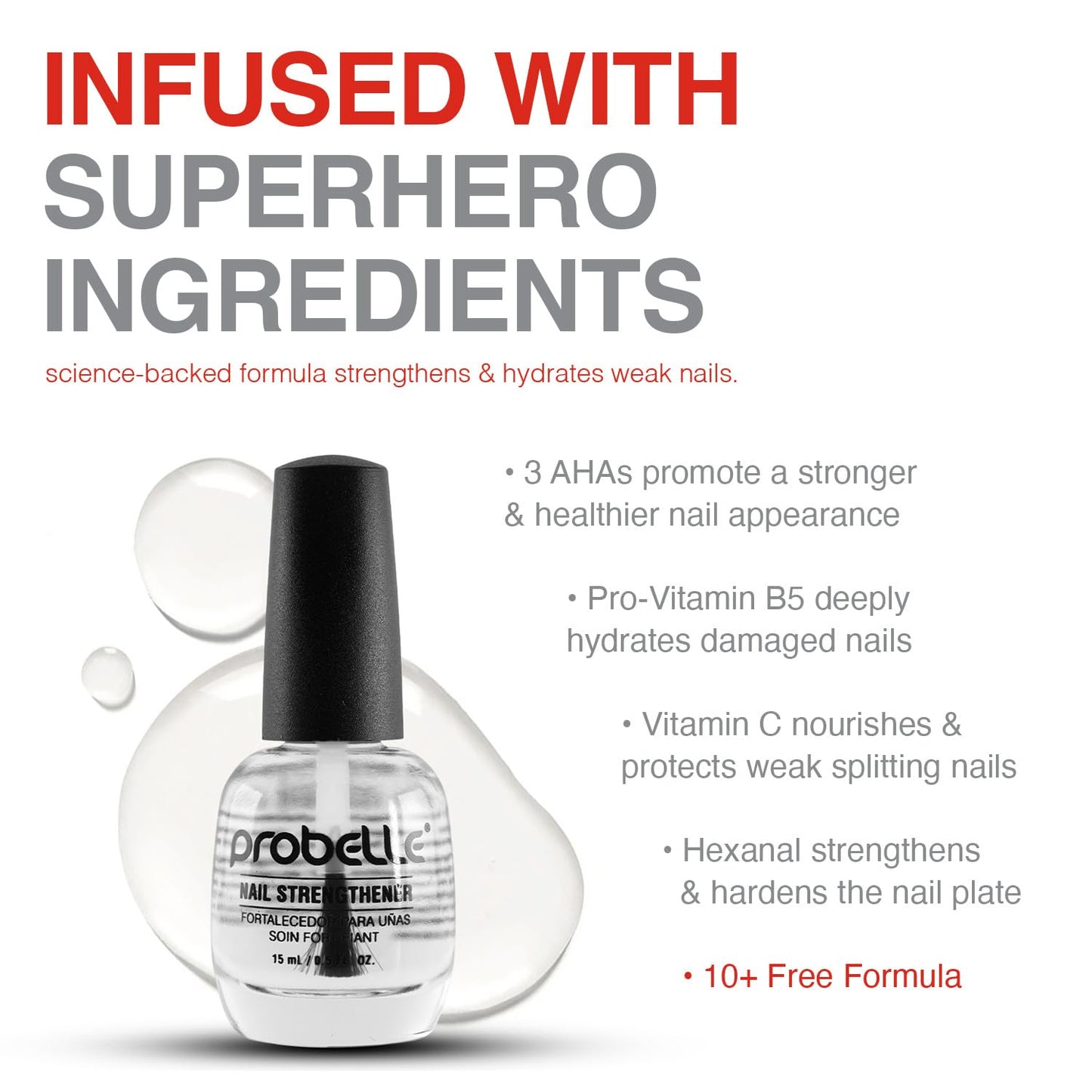 Probelle Nail Strengthening Formula, Nail Growth & Conditioning, Stops Splits, Chips, Cracks & Strengthens Nails, Clear