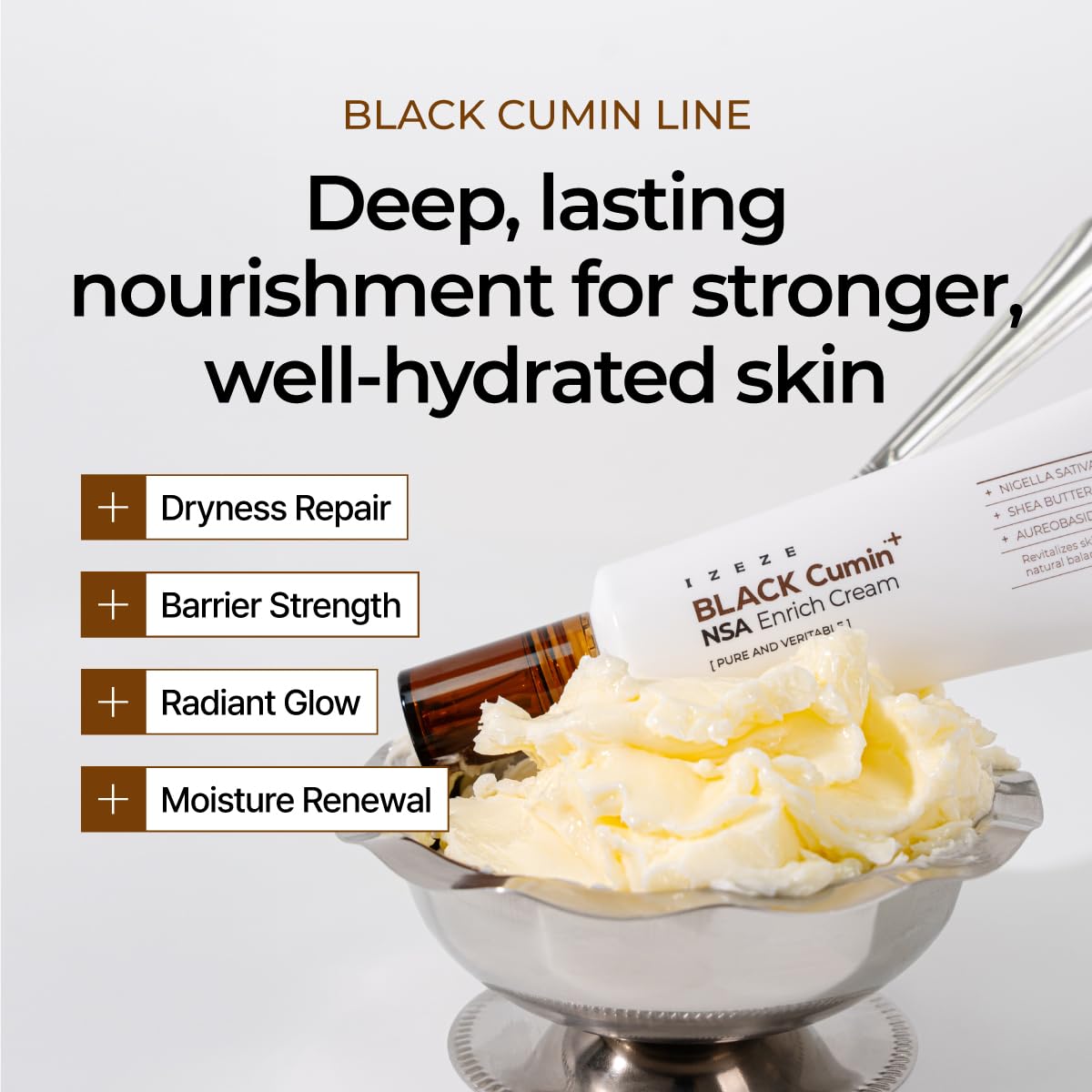 IZEZE BLACK Cumin NSA Enrich Cream | Thick Face Moisturizer, Korean Barrier Cream, Ultra Hydrating, Smoothing, Skin Texture Treatment, Shea Butter, Panthenol, Day and Night, 1.69 fl.oz
