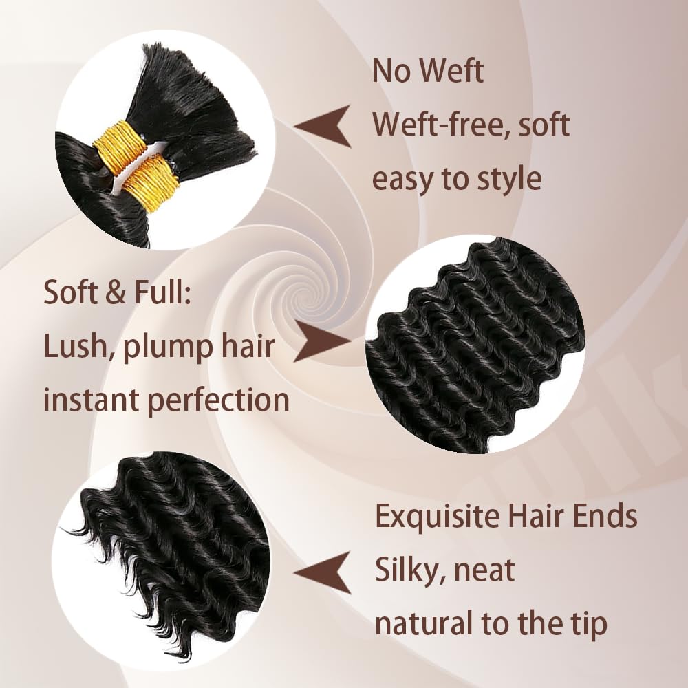Leruikair Deep Wave Natural Black Human Braiding Hair 50g Per Bundle 2 Pcs Total 100g 16 Inch Brazilian Virgin Bulk No Weft Braiding Human Hair Natural Color for Black Women