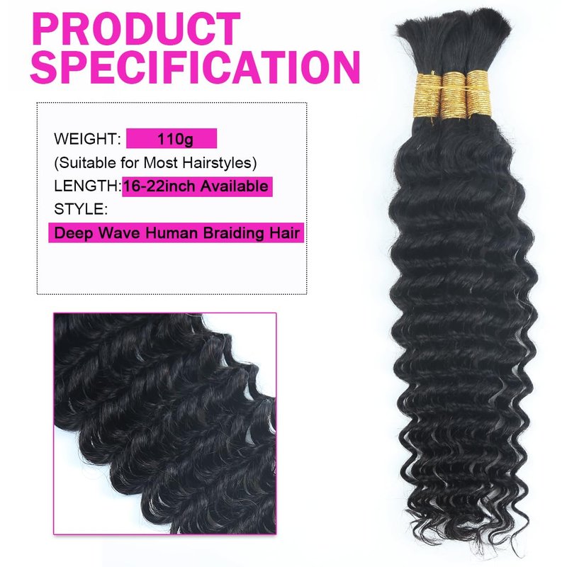 100 Percent Human Braiding Hair for Boho Braids 110g 20 Inch 12A Deep Water Wave Bulk Human Hair for Braiding Extensions Bohemian Curly Braids No Weft 3 Bundles Knotless Wet and Wavy Natural Color