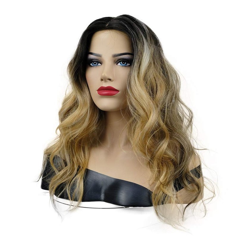 Long Curly Wavy Synthetic Wig - Golden Brown with Dark Roots | Stylish Hairpiece for Women