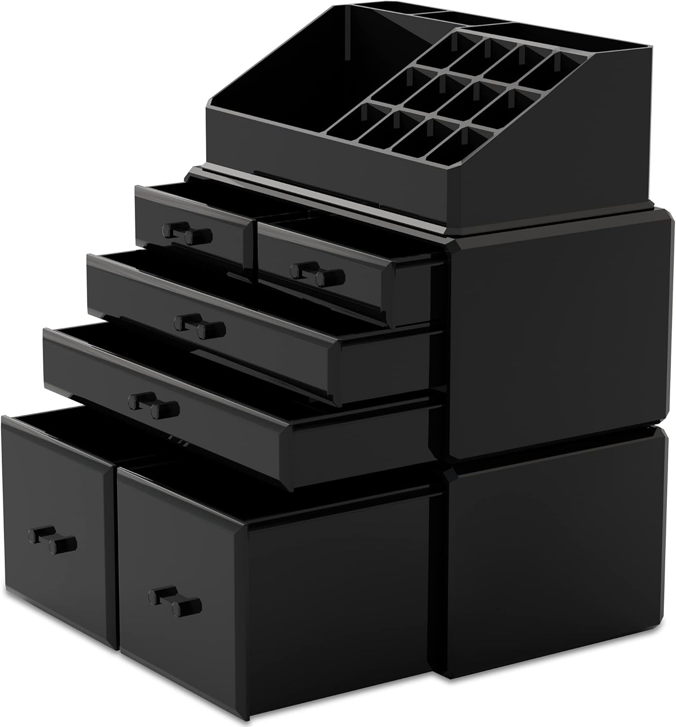 Makeup Organizer - 3-Piece Cosmetic Storage Case with 6 Drawers | Black
