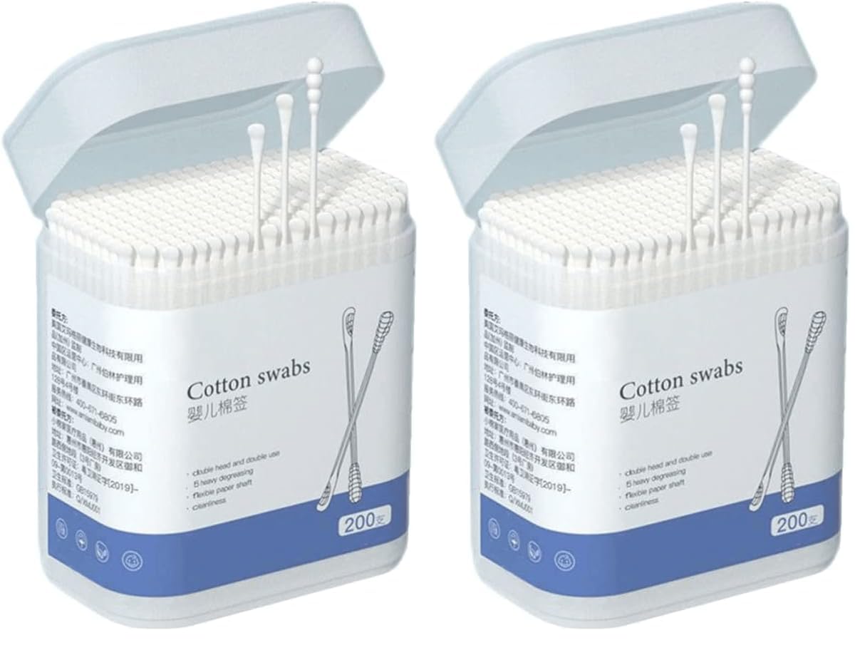 Kisangel 200Pcs Baby Cotton Swabs Paper Double-End Cotton Buds Cotton Ear Cleaners Safety Swabs Cleaning Sticks for Ear Nose Clean (Pack of 2)