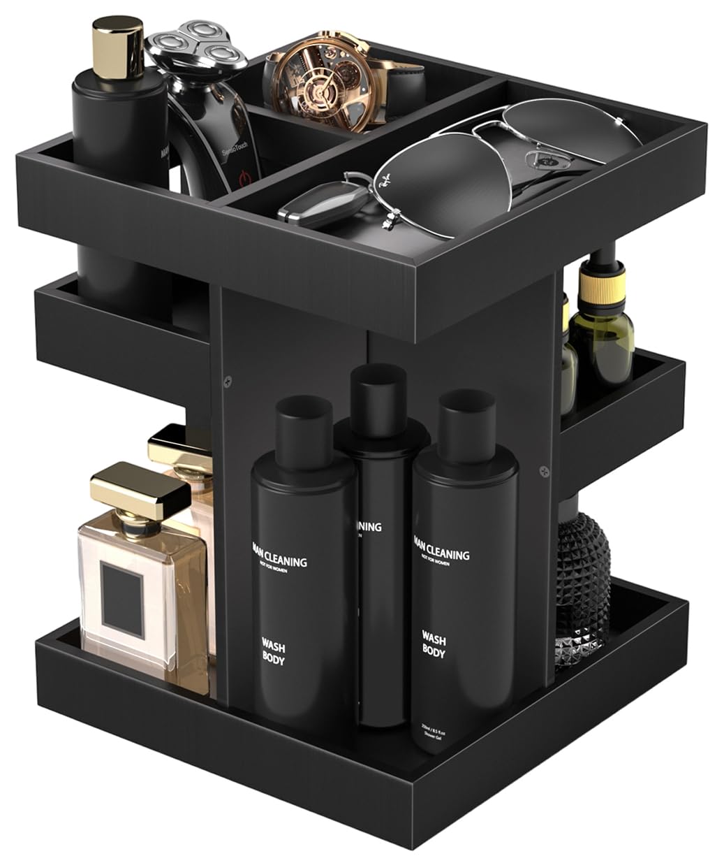 SNYTHX 360 Rotating Cologne Organizer for Men and Women, Large Wood Perfume Stand and Grooming Station for Bathroom Vanity & Dresser Countertop, Gift for Dad Husband Boyfriend, Black