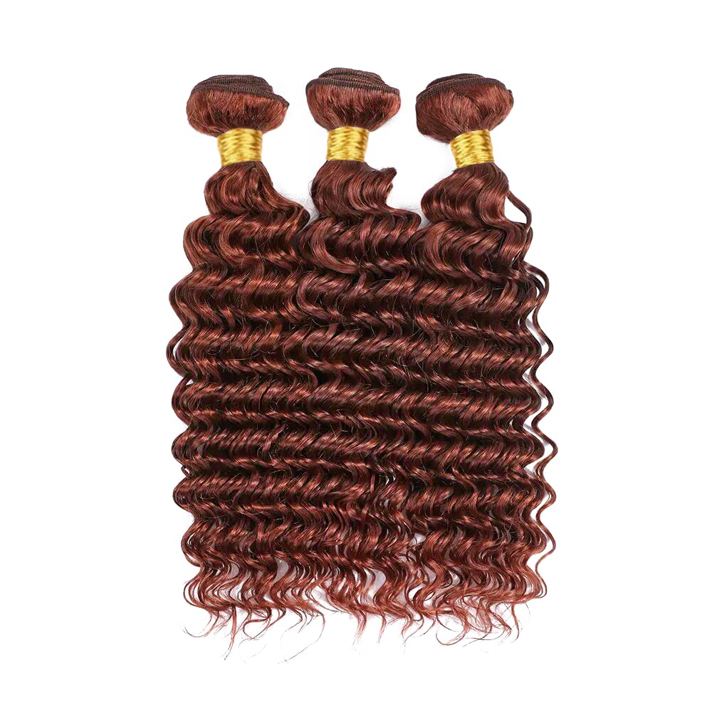 Niciitysi Color 33 Human Hair Reddish Brown Deep Wave Bundles 8 10 12 inch Double Weft Brazilian Copper Red Hair Extensions Auburn Deep Curly Bundles Silky Soft for Women