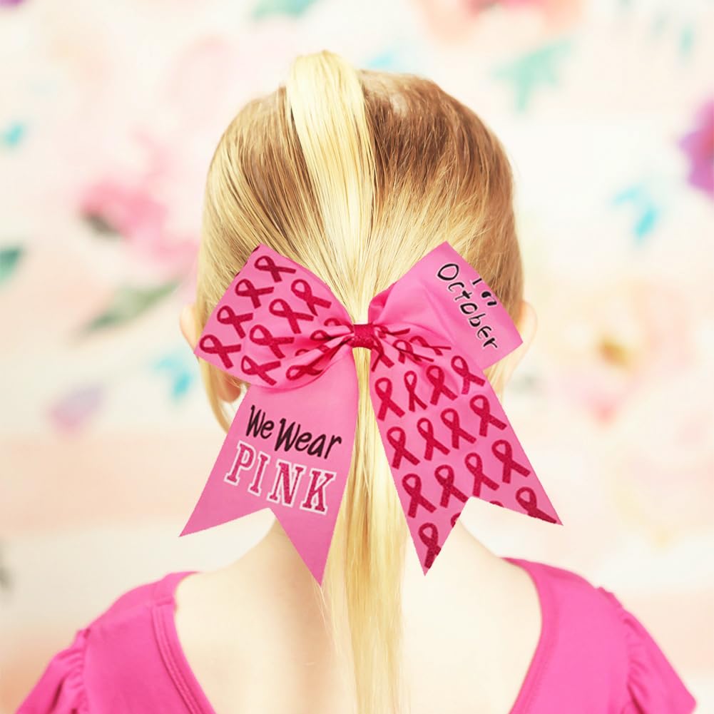 16 Pieces 7 Inch Breast Cancer Awareness Cheer Hair Bows Ponytail Holder Large Glitter Pink Ribbon Hair Bows Accessories Elastic Band Handmade for Teens Women